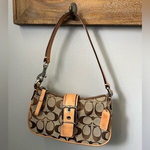Coach 6362 Signature Demi Baguette – Small Shoulder Bag Purse Tan Leather Trim